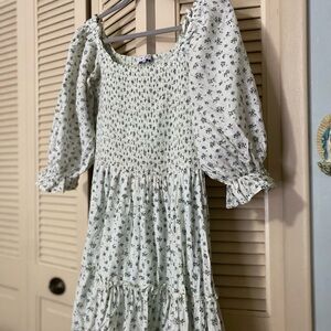 Ivy City Co White and blue floral Smocked Puff Sleeve Midi Sundress